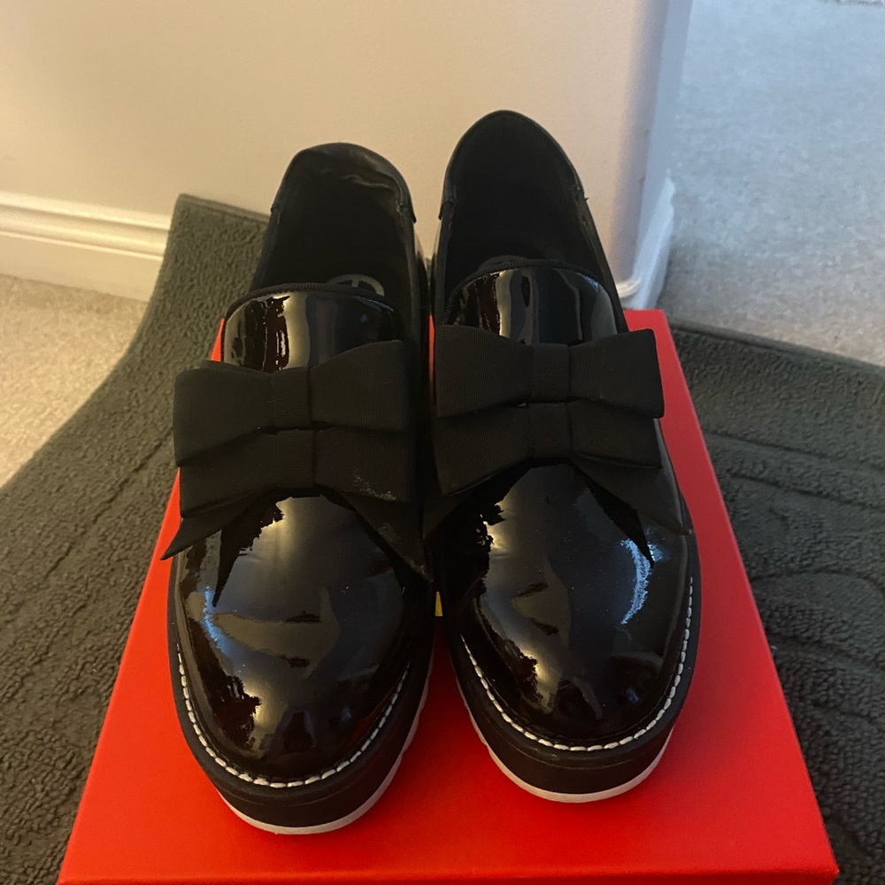 Patent Black Bow Slip-On Loafers for Women